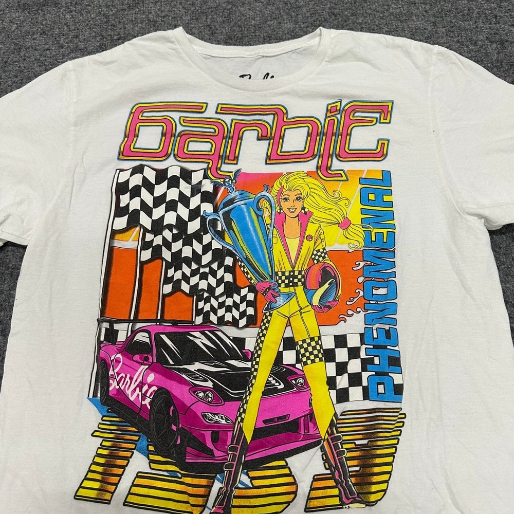 Barbie Graphic T-Shirt Womens Size L White Racing Car Phenomenal Cotton Tee